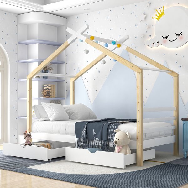 Tree House Canopy Bed With Underbed Storage Drawers, Solid Pine Wood Bed with Safety Rail Guards for Kids, 200x96x183 cm, Natural Aosom UK