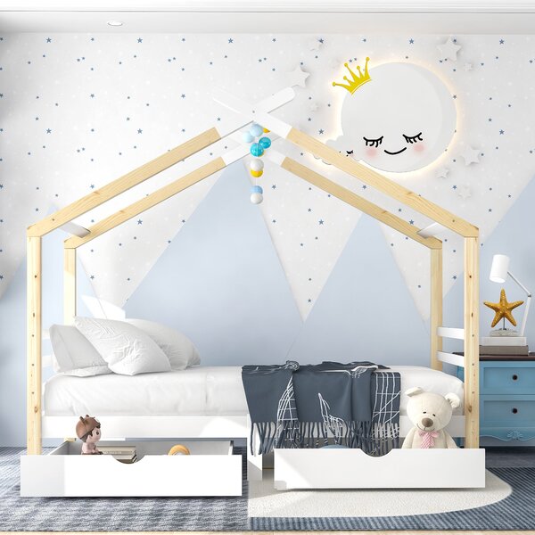 Tree House Canopy Bed With Underbed Storage Drawers, Solid Pine Wood Bed with Safety Rail Guards for Kids, 200x96x183 cm, Natural Aosom UK