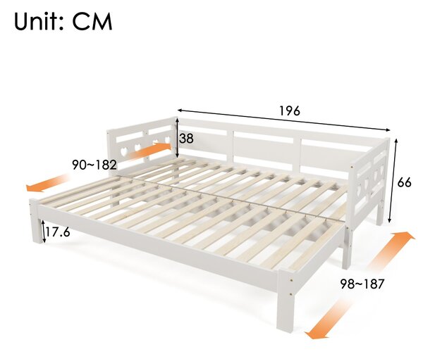 Heart-Shaped Wooden Daybed Frame with Pull-Out Trundle, 3FT Single Sofa Bed for Children Adults, Guest Bed for Bedroom, White Aosom UK