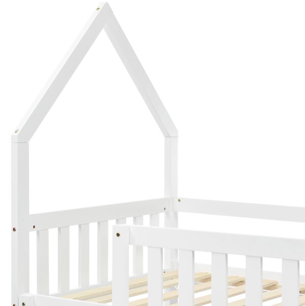 Castle-Shaped Bunk Bed with Ladder, Solid Wood Frame with Full-length Guardrail,EN 747-1 Certified, for Children Kids,195x98x192 cm, White Aosom UK