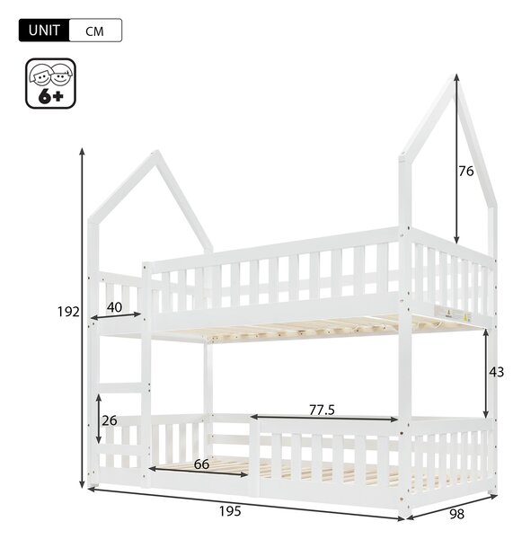 Castle-Shaped Bunk Bed with Ladder, Solid Wood Frame with Full-length Guardrail,EN 747-1 Certified, for Children Kids,195x98x192 cm, White Aosom UK