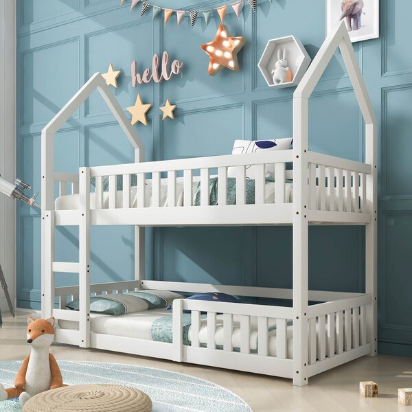 Castle-Shaped Bunk Bed with Ladder, Solid Wood Frame with Full-length Guardrail,EN 747-1 Certified, for Children Kids,195x98x192 cm, White Aosom UK