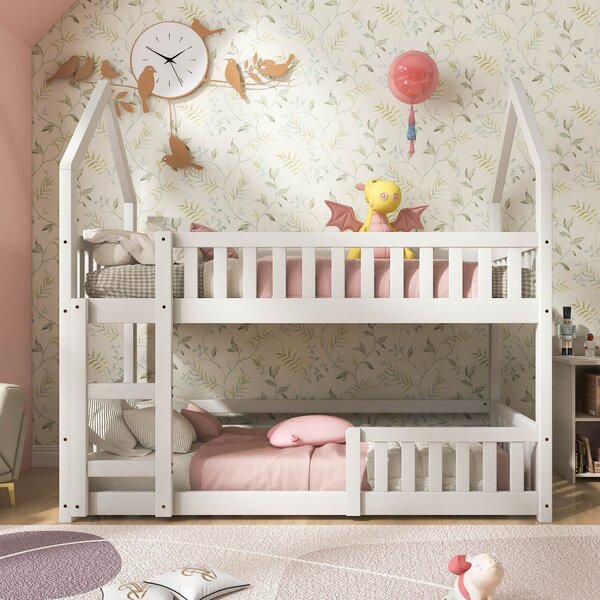Castle-Shaped Bunk Bed with Ladder, Solid Wood Frame with Full-length Guardrail,EN 747-1 Certified, for Children Kids,195x98x192 cm, White Aosom UK