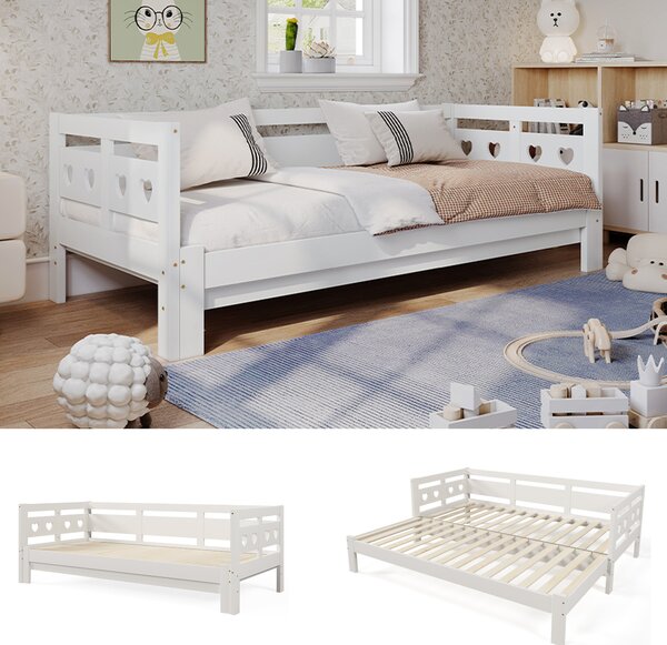 Heart-Shaped Wooden Daybed Frame with Pull-Out Trundle, 3FT Single Sofa Bed for Children Adults, Guest Bed for Bedroom, White Aosom UK