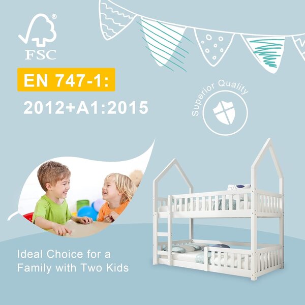 Castle-Shaped Bunk Bed with Ladder, Solid Wood Frame with Full-length Guardrail,EN 747-1 Certified, for Children Kids,195x98x192 cm, White Aosom UK