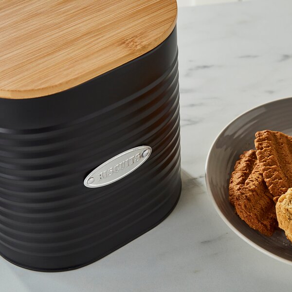 Metal Biscuit Canister with Badge Black