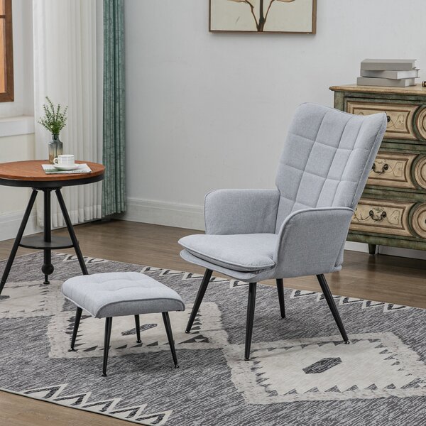 HOMCOM Armchair with Footstool, Living Room Chair, Linen Accent Chair w/ Anti-Cat-Scratch Fabric for Bedroom, Home Study, Light Grey Aosom UK