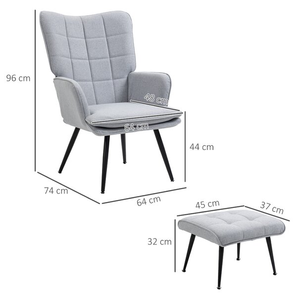 HOMCOM Armchair with Footstool, Living Room Chair, Linen Accent Chair w/ Anti-Cat-Scratch Fabric for Bedroom, Home Study, Light Grey Aosom UK