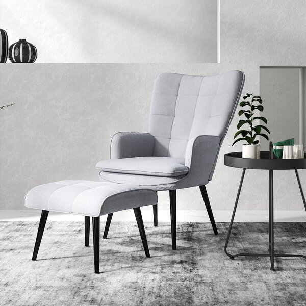 HOMCOM Armchair with Footstool, Living Room Chair, Linen Accent Chair w/ Anti-Cat-Scratch Fabric for Bedroom, Home Study, Light Grey Aosom UK