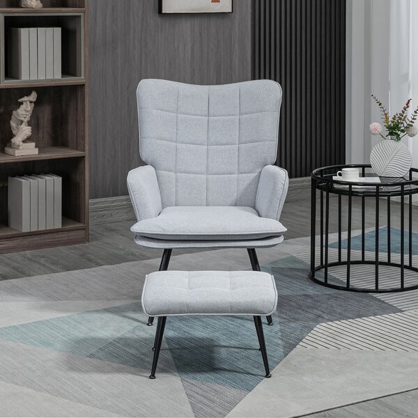 HOMCOM Armchair with Footstool, Living Room Chair, Linen Accent Chair w/ Anti-Cat-Scratch Fabric for Bedroom, Home Study, Light Grey Aosom UK