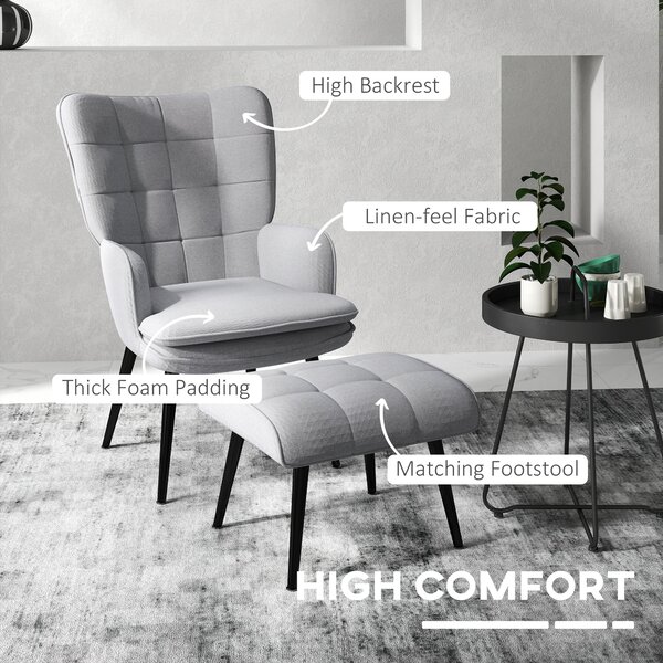HOMCOM Armchair with Footstool, Living Room Chair, Linen Accent Chair w/ Anti-Cat-Scratch Fabric for Bedroom, Home Study, Light Grey Aosom UK