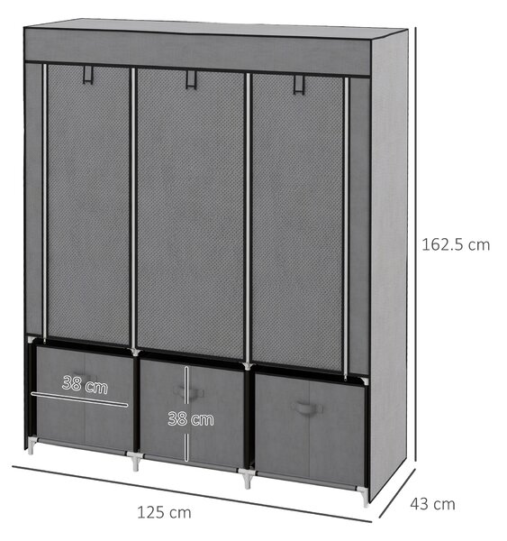 HOMCOM Fabric Wardrobe, Portable Wardrobe with 5 Shelves, 2 Hanging Rails and 3 Fabric Drawers, Foldable Closets, 125 x 43 x 162.5cm, Dark Grey