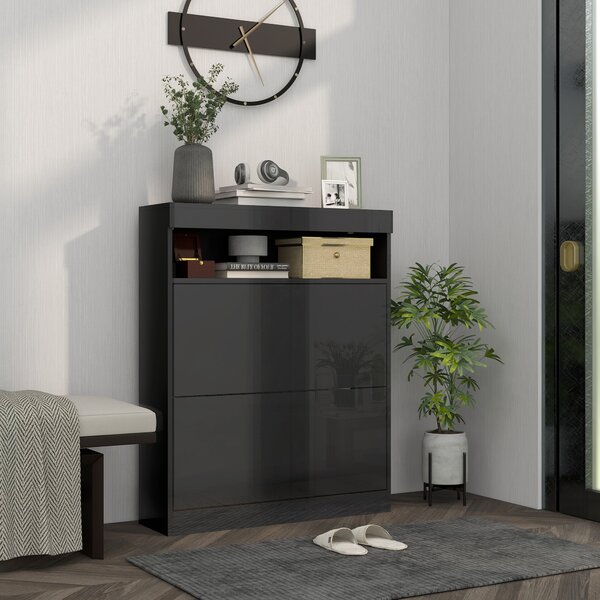 HOMCOM 16 Shoe Pair Shoe Storage Cabinet, with Flip Doors - Black Aosom UK