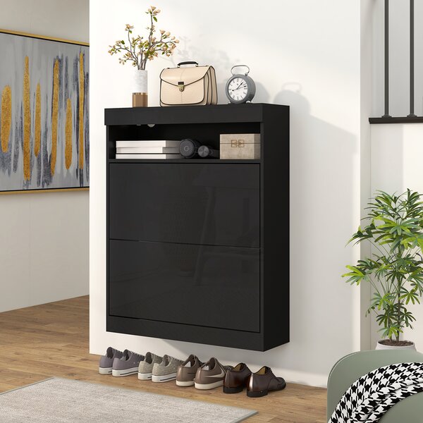 HOMCOM 16 Shoe Pair Shoe Storage Cabinet, with Flip Doors - Black Aosom UK