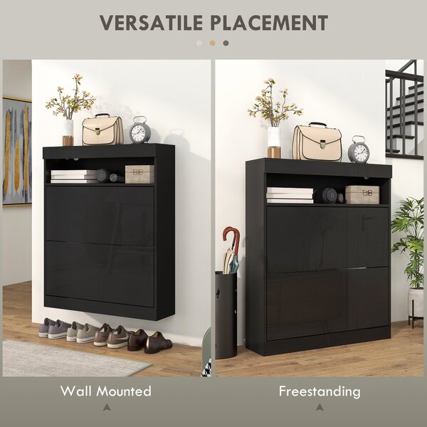 HOMCOM 16 Shoe Pair Shoe Storage Cabinet, with Flip Doors - Black Aosom UK