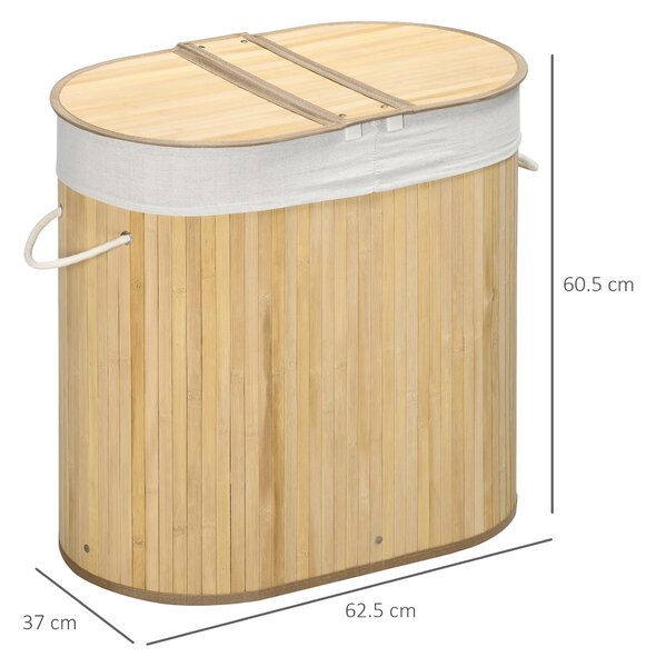HOMCOM Bamboo Laundry Basket w/ Lid, 100 Litres Laundry Hamper w/ 2 Sections Removable Washable Lining Washing Baskets 62.5 x 37 x 60.5cm Aosom UK