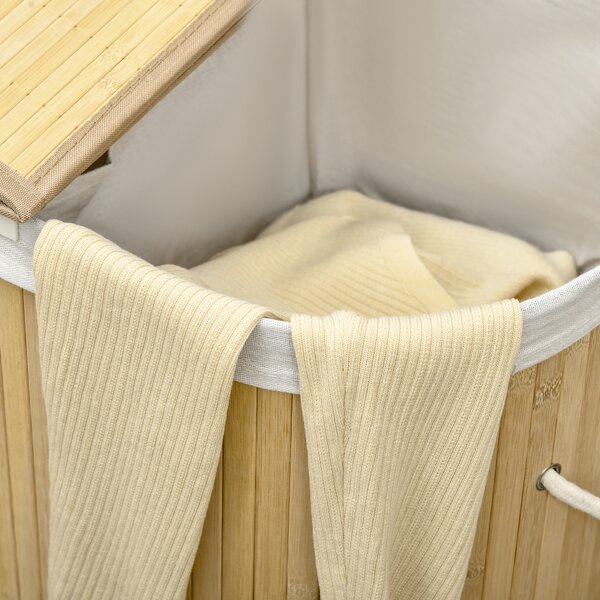 HOMCOM Bamboo Laundry Basket w/ Lid, 100 Litres Laundry Hamper w/ 2 Sections Removable Washable Lining Washing Baskets 62.5 x 37 x 60.5cm Aosom UK