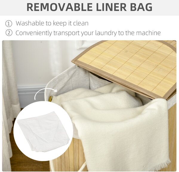 HOMCOM Bamboo Laundry Basket w/ Lid, 100 Litres Laundry Hamper w/ 2 Sections Removable Washable Lining Washing Baskets 62.5 x 37 x 60.5cm Aosom UK