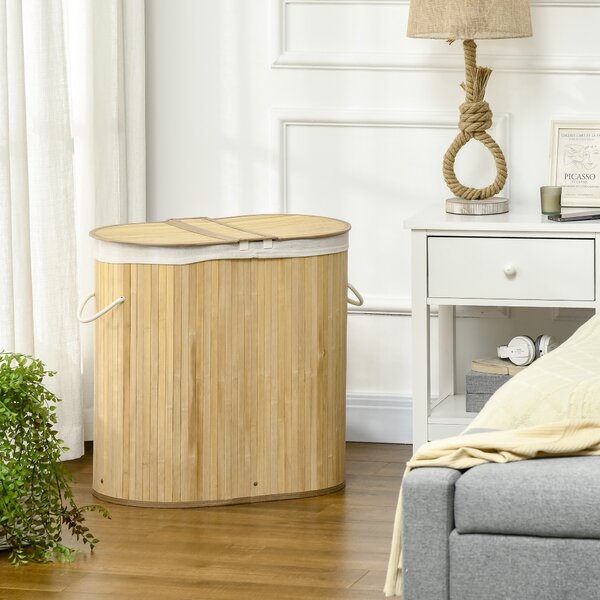 HOMCOM Bamboo Laundry Basket w/ Lid, 100 Litres Laundry Hamper w/ 2 Sections Removable Washable Lining Washing Baskets 62.5 x 37 x 60.5cm Aosom UK