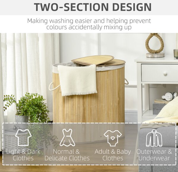 HOMCOM Bamboo Laundry Basket w/ Lid, 100 Litres Laundry Hamper w/ 2 Sections Removable Washable Lining Washing Baskets 62.5 x 37 x 60.5cm Aosom UK