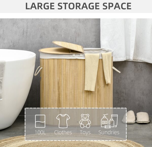 HOMCOM Bamboo Laundry Basket w/ Lid, 100 Litres Laundry Hamper w/ 2 Sections Removable Washable Lining Washing Baskets 62.5 x 37 x 60.5cm Aosom UK