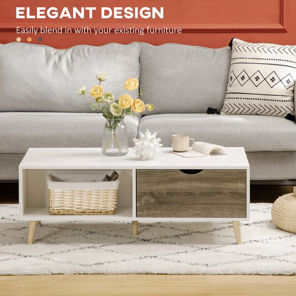 HOMCOM Coffee Table, Modern Tea Table with Open Storage Shelves, Two Drawers and Solid Wood Legs, Coffee Tables for Living Room, White Aosom UK