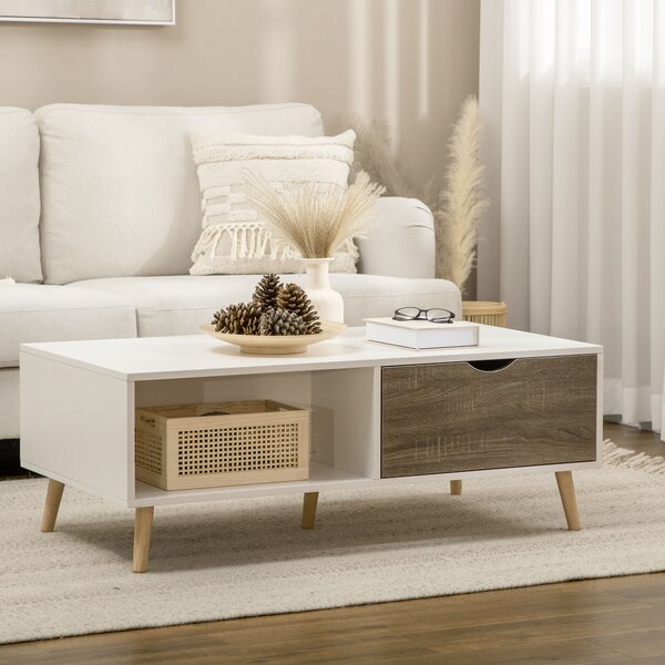 HOMCOM Coffee Table, Modern Tea Table with Open Storage Shelves, Two Drawers and Solid Wood Legs, Coffee Tables for Living Room, White Aosom UK