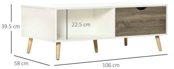 HOMCOM Coffee Table, Modern Tea Table with Open Storage Shelves, Two Drawers and Solid Wood Legs, Coffee Tables for Living Room, White Aosom UK