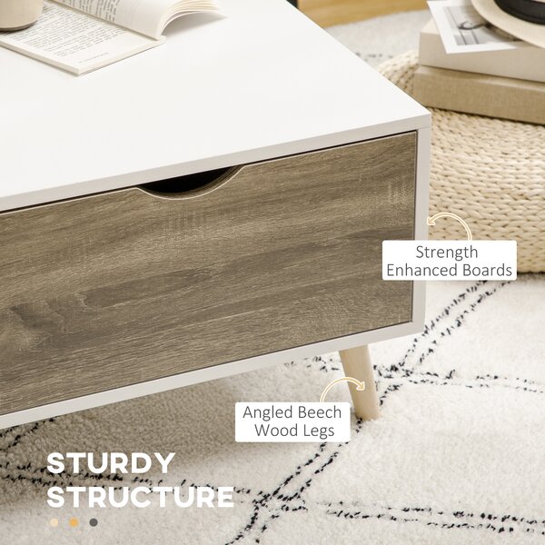 HOMCOM Coffee Table, Modern Tea Table with Open Storage Shelves, Two Drawers and Solid Wood Legs, Coffee Tables for Living Room, White Aosom UK