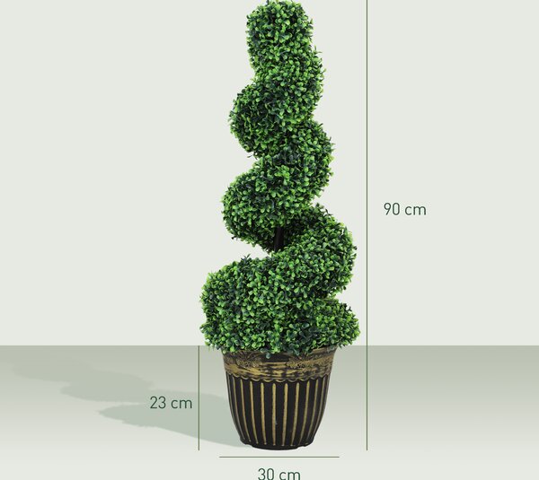 HOMCOM Set of 2 Artificial Plants, Topiary Spiral Boxwood Trees with Pot, for Home Indoor Outdoor Decor, 90cm Aosom UK