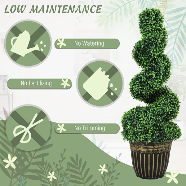 HOMCOM Set of 2 Artificial Plants, Topiary Spiral Boxwood Trees with Pot, for Home Indoor Outdoor Decor, 90cm Aosom UK