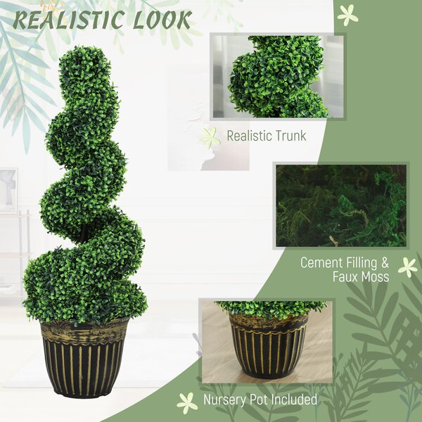 HOMCOM Set of 2 Artificial Plants, Topiary Spiral Boxwood Trees with Pot, for Home Indoor Outdoor Decor, 90cm Aosom UK
