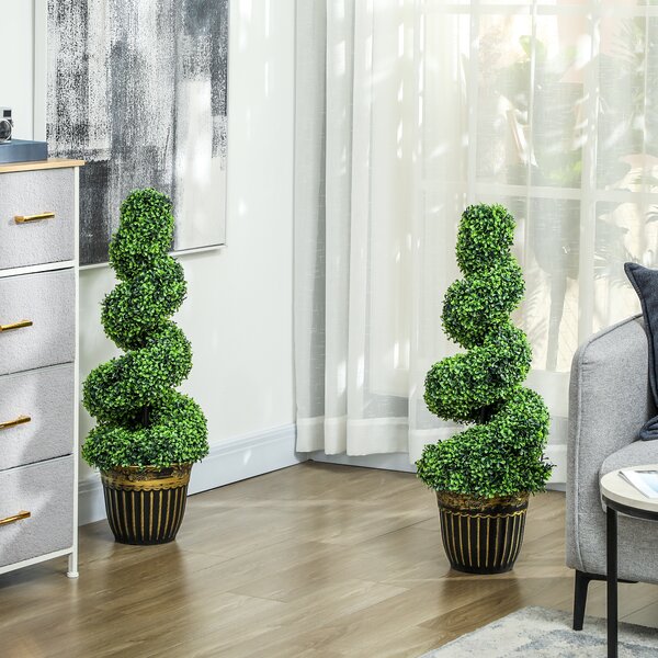 HOMCOM Set of 2 Artificial Plants, Topiary Spiral Boxwood Trees with Pot, for Home Indoor Outdoor Decor, 90cm Aosom UK