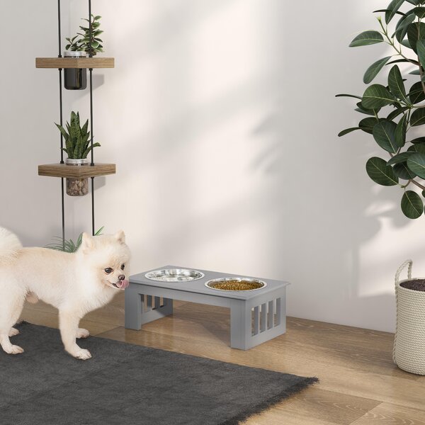 PawHut Raised Dog Feeding Bowls with Stand, Stainless Steel for Extra Small and Small Dog, 44L x 24W x 15H cm - Grey Aosom UK