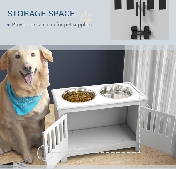 PawHut Raised Dog Bowls, Pet Feeding Station, with Storage, Food and Water Bowls, for Large Dogs - White Aosom UK