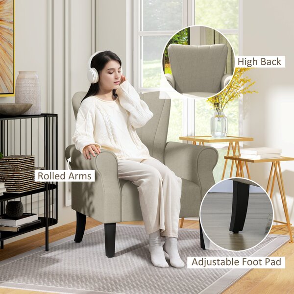 HOMCOM Upholstered Accent Chair with High Back, Rolled Arms and Wood Legs, Soft Thick Padded Armchair, Beige