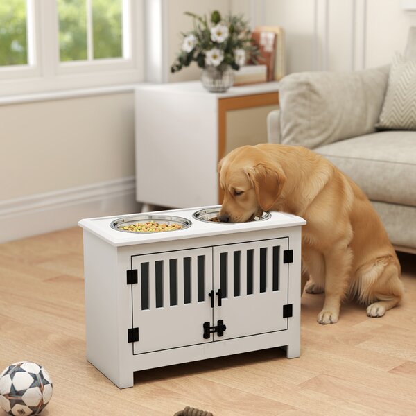 PawHut Raised Dog Bowls, Pet Feeding Station, with Storage, Food and Water Bowls, for Large Dogs - White Aosom UK
