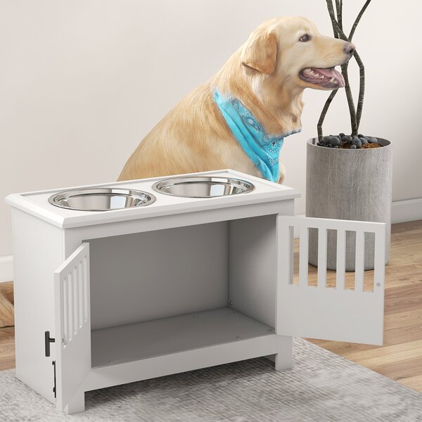 PawHut Raised Dog Bowls, Pet Feeding Station, with Storage, Food and Water Bowls, for Large Dogs - White Aosom UK