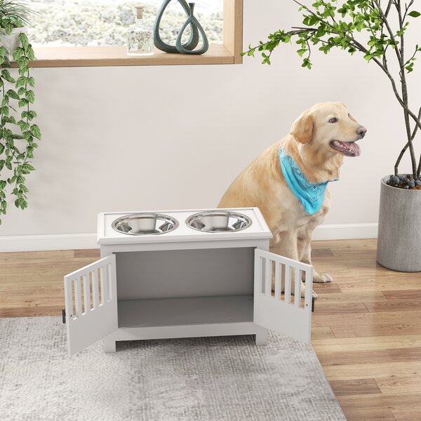 PawHut Raised Dog Bowls, Pet Feeding Station, with Storage, Food and Water Bowls, for Large Dogs - White Aosom UK