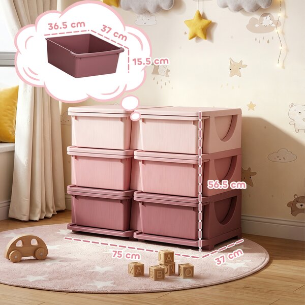 ZONEKIZ Kids Storage Units w/ 6 Drawers, 3 Tier Kids Toy Storage Organizer, Vertical Dresser Tower for Nursery Playroom Kindergarten, Pink Aosom UK