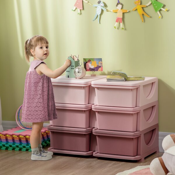 ZONEKIZ Kids Storage Units w/ 6 Drawers, 3 Tier Kids Toy Storage Organizer, Vertical Dresser Tower for Nursery Playroom Kindergarten, Pink Aosom UK