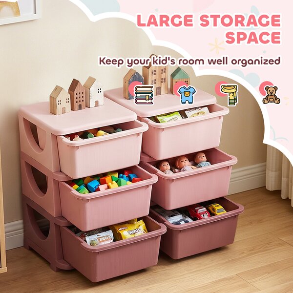 ZONEKIZ Kids Storage Units w/ 6 Drawers, 3 Tier Kids Toy Storage Organizer, Vertical Dresser Tower for Nursery Playroom Kindergarten, Pink Aosom UK