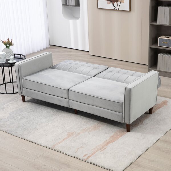 HOMCOM Modern Convertible Sofa Futon Velvet-Touch Tufted Couch Compact Loveseat with Adjustable Split Back, Light Grey Aosom UK