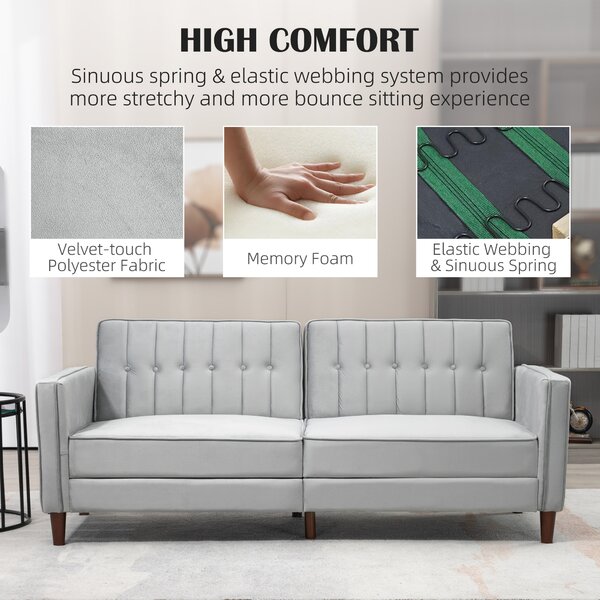 HOMCOM Modern Convertible Sofa Futon Velvet-Touch Tufted Couch Compact Loveseat with Adjustable Split Back, Light Grey Aosom UK