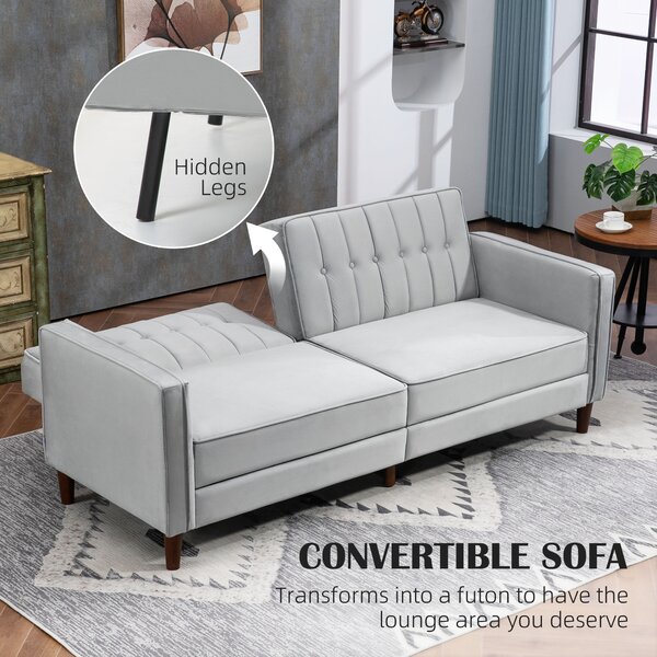 HOMCOM Modern Convertible Sofa Futon Velvet-Touch Tufted Couch Compact Loveseat with Adjustable Split Back, Light Grey Aosom UK