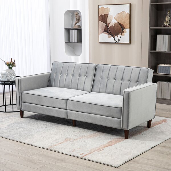 HOMCOM Modern Convertible Sofa Futon Velvet-Touch Tufted Couch Compact Loveseat with Adjustable Split Back, Light Grey Aosom UK