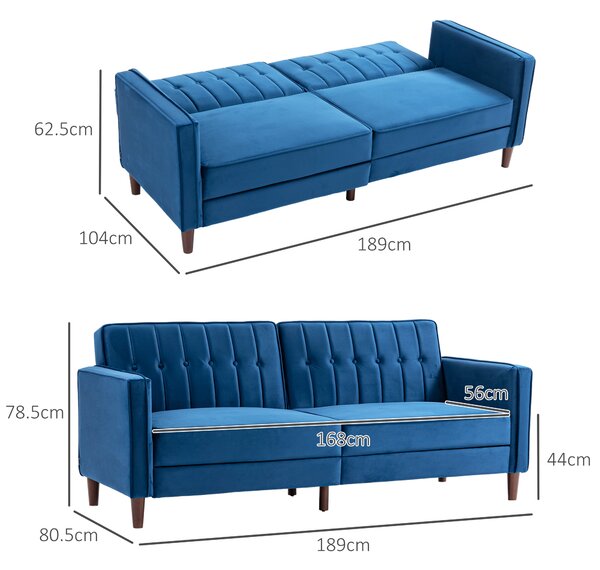 HOMCOM Modern Convertible Sofa Futon Velvet-Touch Tufted Couch Compact Loveseat with Adjustable Split Back, Blue Aosom UK