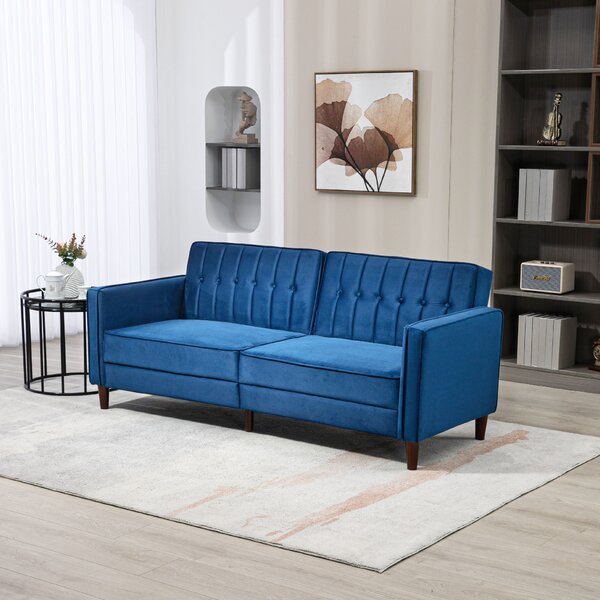 HOMCOM Modern Convertible Sofa Futon Velvet-Touch Tufted Couch Compact Loveseat with Adjustable Split Back, Blue Aosom UK