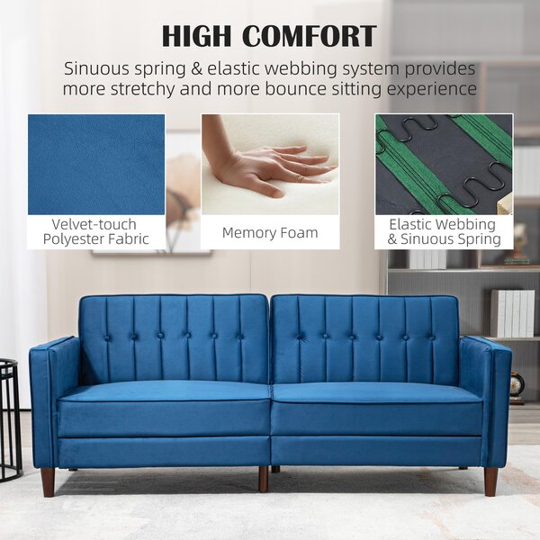 HOMCOM Modern Convertible Sofa Futon Velvet-Touch Tufted Couch Compact Loveseat with Adjustable Split Back, Blue Aosom UK