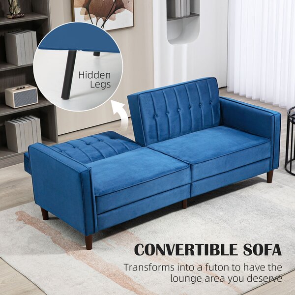 HOMCOM Modern Convertible Sofa Futon Velvet-Touch Tufted Couch Compact Loveseat with Adjustable Split Back, Blue Aosom UK